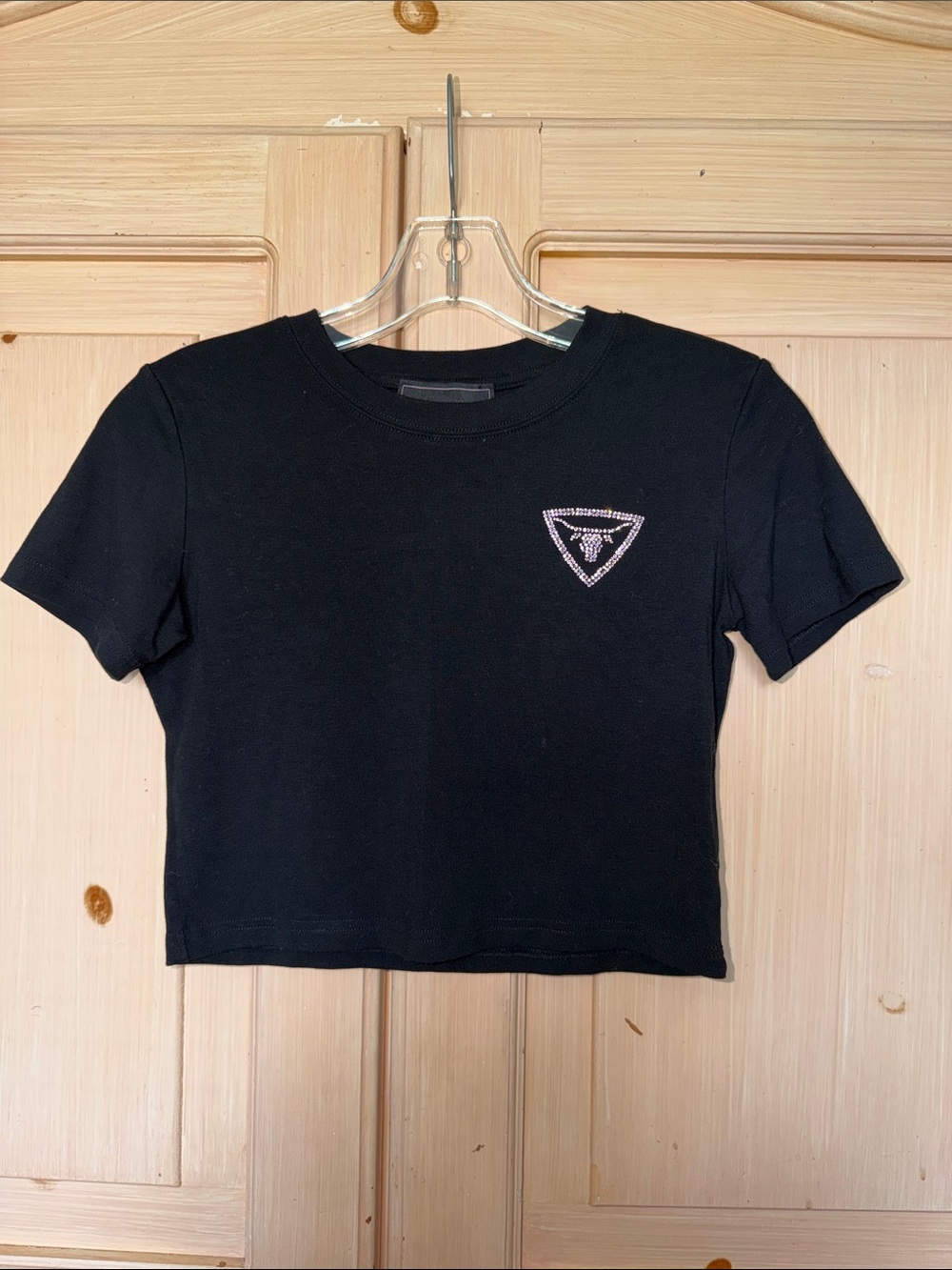 Black Cropped Tee with Rhinestone Triangle Logo